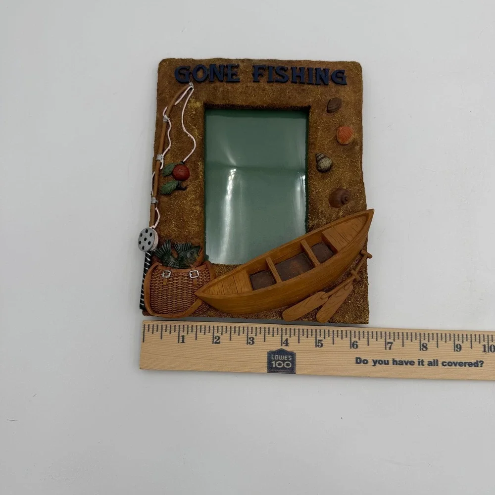 Gone Fishing Resin Picture Frame 3D Boat Fishing Pole Cabin Decor 3.5x5 Photo